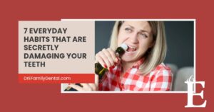 photo of woman opening bottle with teeth damaging teeth blog